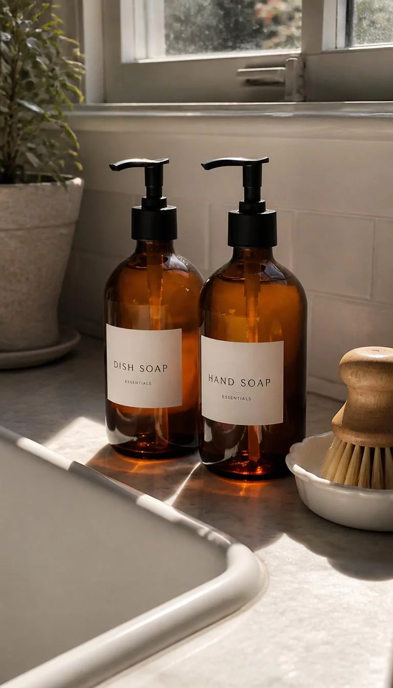 Amber Glass Soap Dispensers A super-realistic photo of a pair of amber glass bottles with matte black pumps sitting next to a farmhouse sink, the sunlight glows through the translucent brown glass, a small wooden scrubbing brush rests on a white ceramic dish nearby, everyday social media post aesthetic, photorealistic, high-quality mobile photography, shot on an iPhone 14