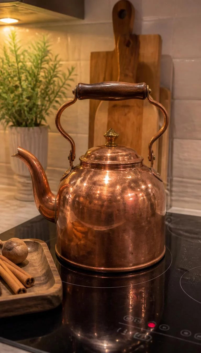 Copper Kettle Centerpieces A super-realistic photo of a vintage copper tea kettle sitting on a black induction stovetop, the metal reflects the warm glow of nearby under-cabinet lighting, a small wooden tray with cinnamon sticks sits beside it, everyday social media post aesthetic, photorealistic, high-quality mobile photography, shot on an iPhone 14