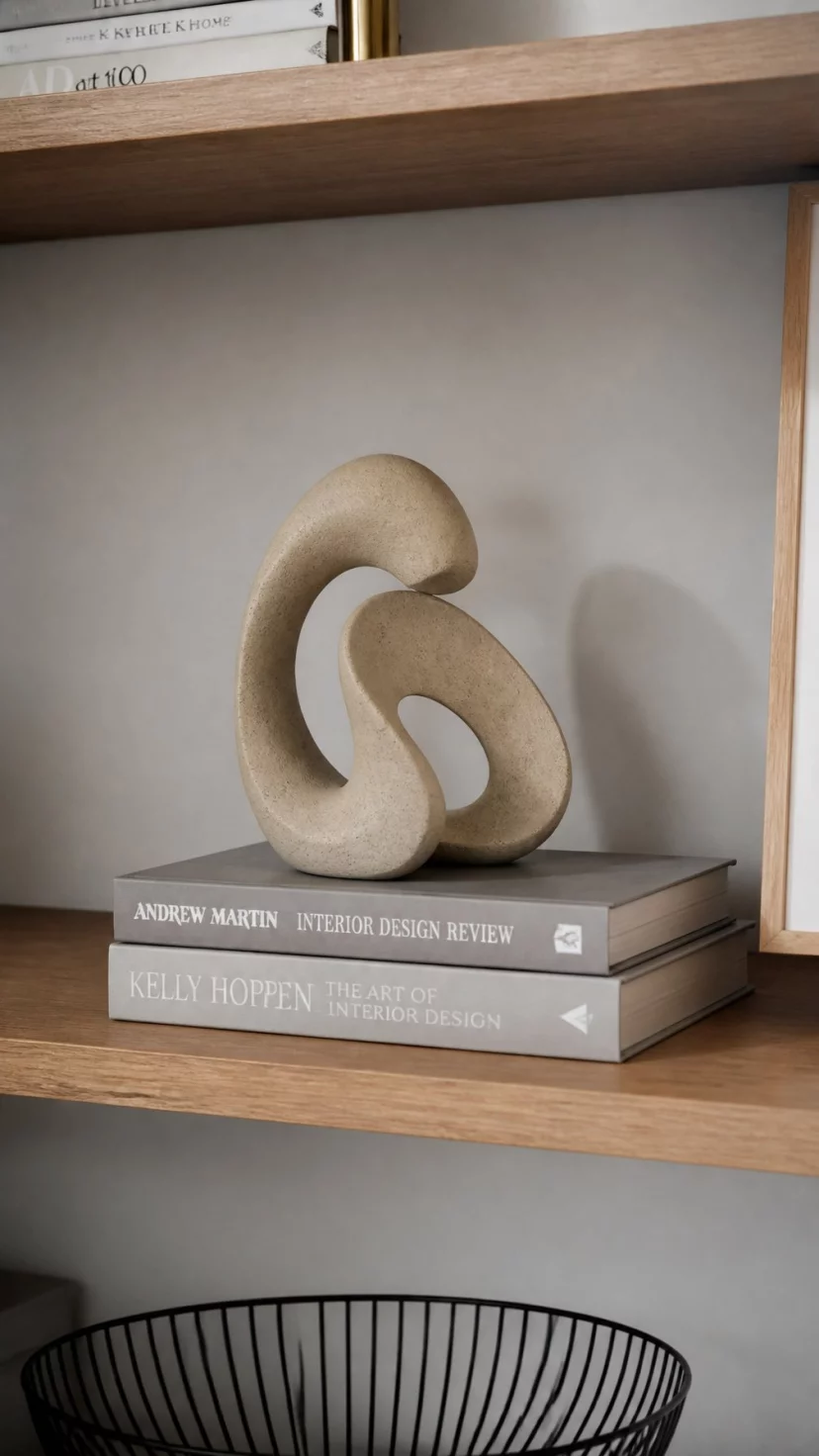A super-realistic photo of a living room shelf with a small abstract stone sculpture in a beige sandstone material, the sculpture sitting on top of two large grey books, a soft shadow behind the objects, everyday social media post aesthetic, photorealistic, high-quality mobile photography, shot on an iPhone 14