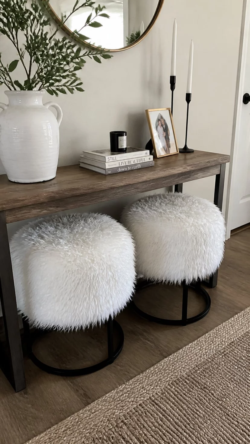 A super-realistic photo of a living room console table with two small round stools tucked underneath, the stools covered in thick white faux fur, dark metal legs, a stack of books on the table above, everyday social media post aesthetic, photorealistic, high-quality mobile photography, shot on an iPhone 14