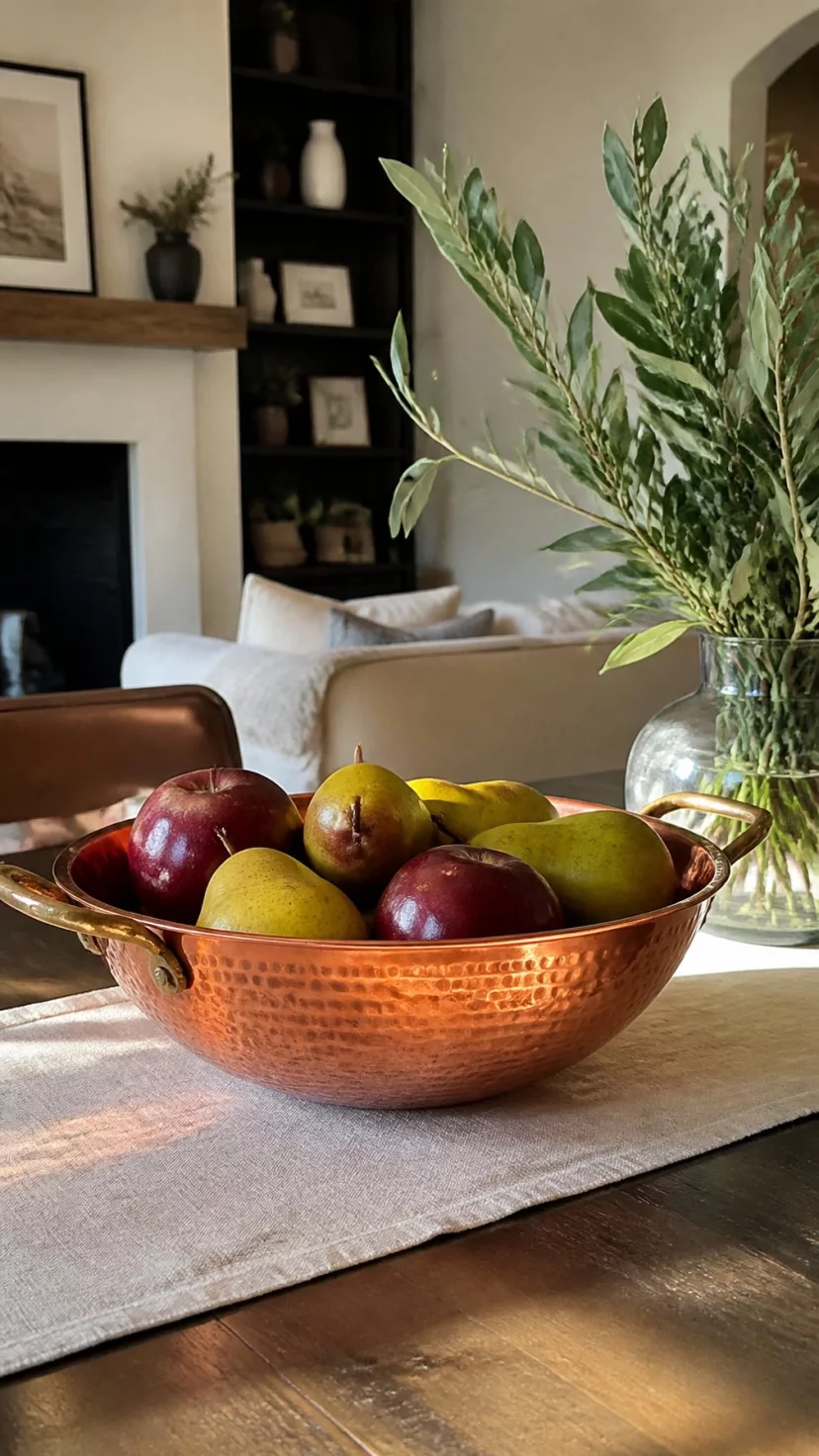 A super-realistic photo of a living room dining nook featuring a hammered copper bowl, the bowl filled with dark red apples and green pears, a soft linen runner on the table, sunlight hitting the metallic surface of the copper, everyday social media post aesthetic, photorealistic, high-quality mobile photography, shot on an iPhone 14
