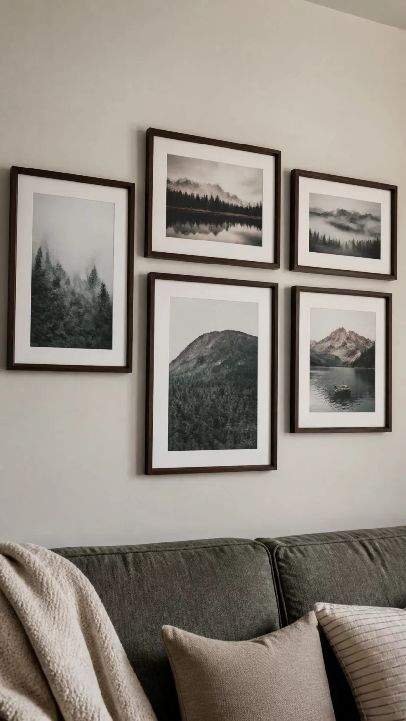 A super-realistic photo of a living room wall with a gallery of dark walnut wood frames, the art inside showing moody forest landscapes and foggy mountains, white matting around the images, the wood grain looking rich and polished, everyday social media post aesthetic, photorealistic, high-quality mobile photography, shot on an iPhone 14