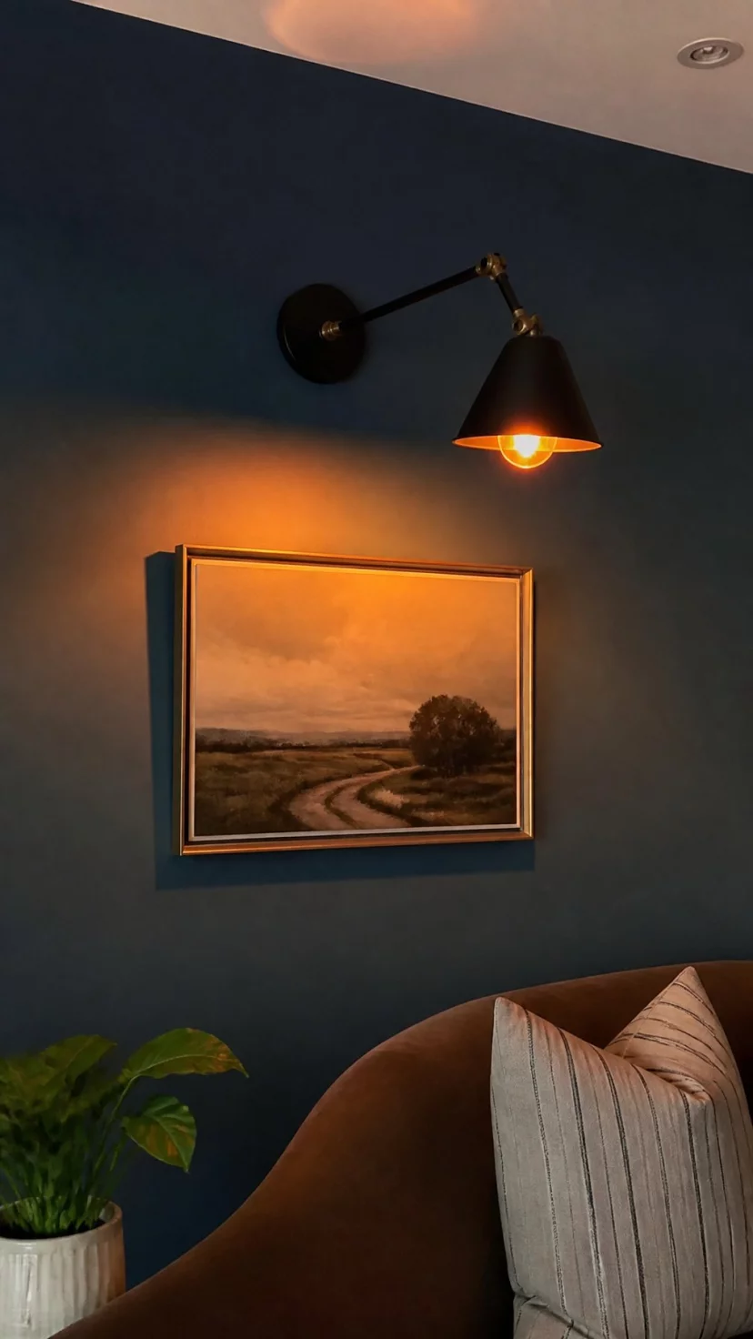 A super-realistic photo of a living room wall with a modern matte black swing arm lamp, the bulb glowing with a soft orange hue, a framed landscape painting hanging directly below the light, dark teal paint on the wall, everyday social media post aesthetic, photorealistic, high-quality mobile photography, shot on an iPhone 14