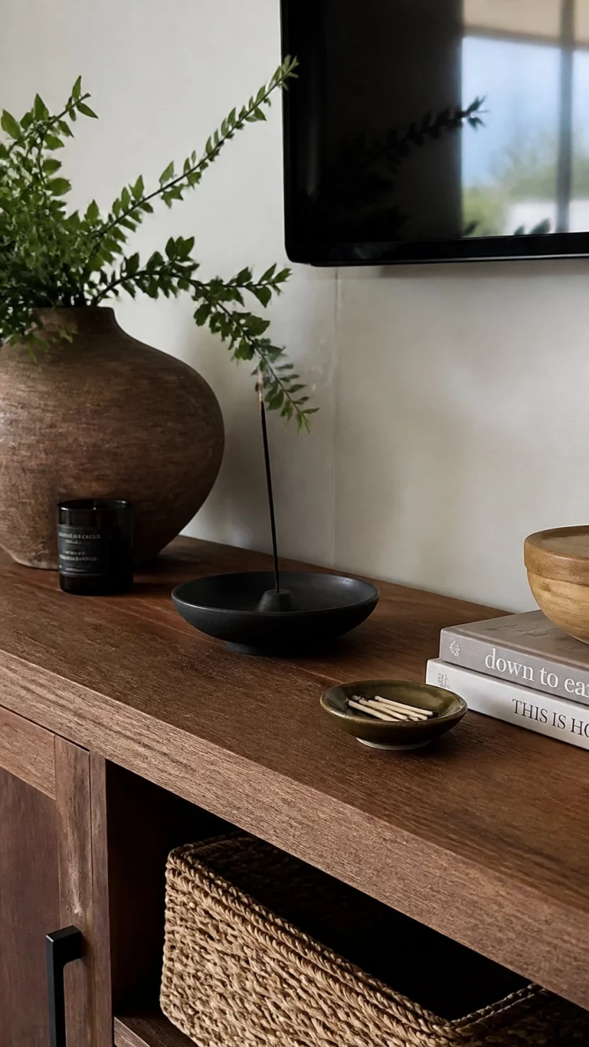 A super-realistic photo of a living room shelf with a small black stone incense burner, a thin wisp of smoke rising from a stick, the scent of sandalwood in the air, a small dish of matches nearby, everyday social media post aesthetic, photorealistic, high-quality mobile photography, shot on an iPhone 14
