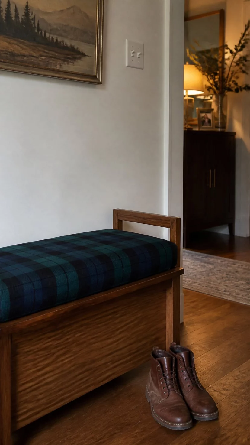 A super-realistic photo of a living room entryway area with a wooden bench, a plaid wool cushion in navy and hunter green on top, a pair of leather boots on the floor next to it, soft lighting from a hallway lamp, everyday social media post aesthetic, photorealistic, high-quality mobile photography, shot on an iPhone 14