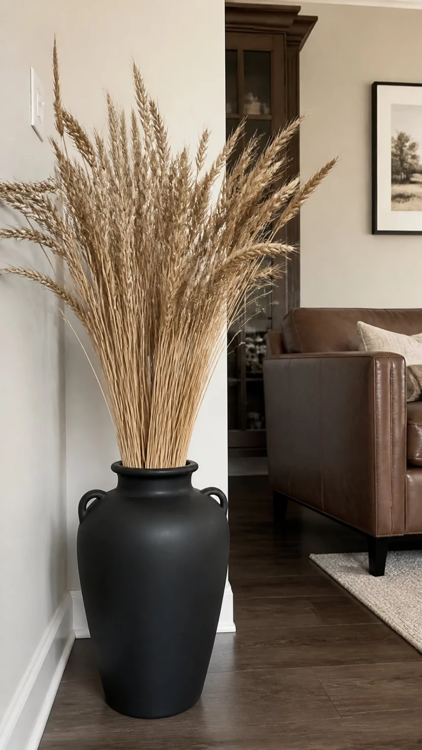 A super-realistic photo of a living room corner with a tall floor vase in matte black ceramic, overflowing with tall stalks of golden dried wheat, the stalks leaning naturally, a leather chair partially visible in the background, everyday social media post aesthetic, photorealistic, high-quality mobile photography, shot on an iPhone 14