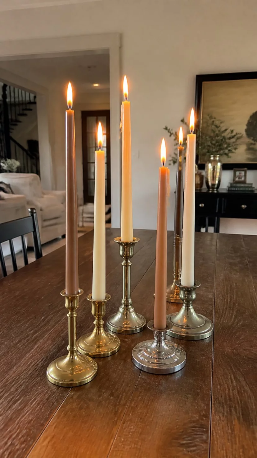 A super-realistic photo of a living room dining table with five different taper candles in shades of cream and tan, the holders being a mix of silver and gold and brass, various heights, a warm glow from the flames, everyday social media post aesthetic, photorealistic, high-quality mobile photography, shot on an iPhone 14