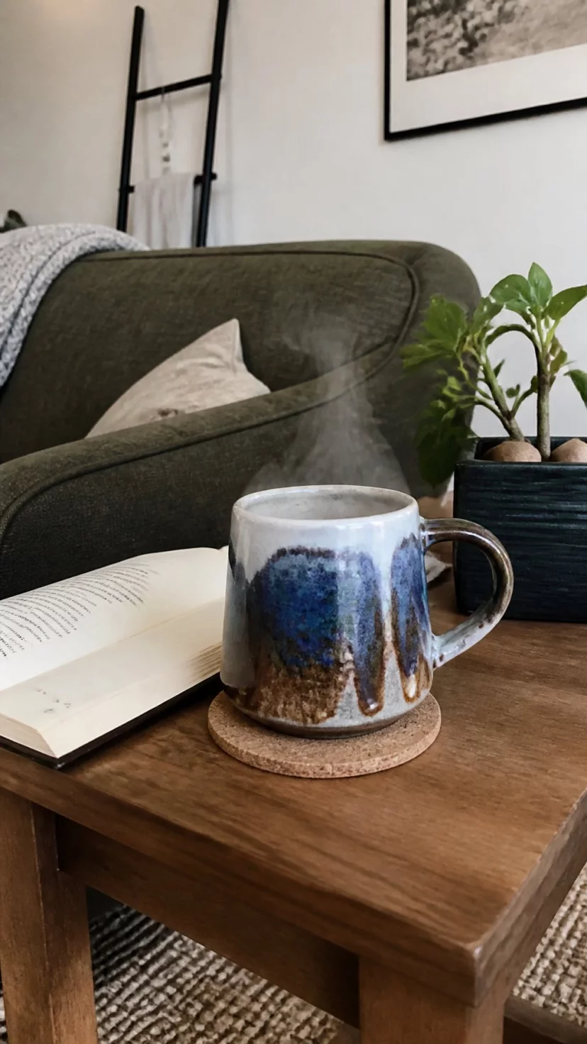 A super-realistic photo of a living room side table with a chunky handmade ceramic mug, the glaze showing irregular blue and brown drips, steam rising from the mug, a cork coaster underneath, a soft book lying open nearby, everyday social media post aesthetic, photorealistic, high-quality mobile photography, shot on an iPhone 14