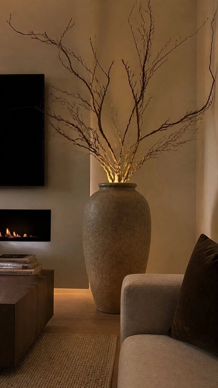 A super-realistic photo of a living room corner with a massive stoneware floor vase in a sandy beige color, long twisted bare oak branches sticking out of the top, a soft spotlight hitting the branches from below, everyday social media post aesthetic, photorealistic, high-quality mobile photography, shot on an iPhone 14