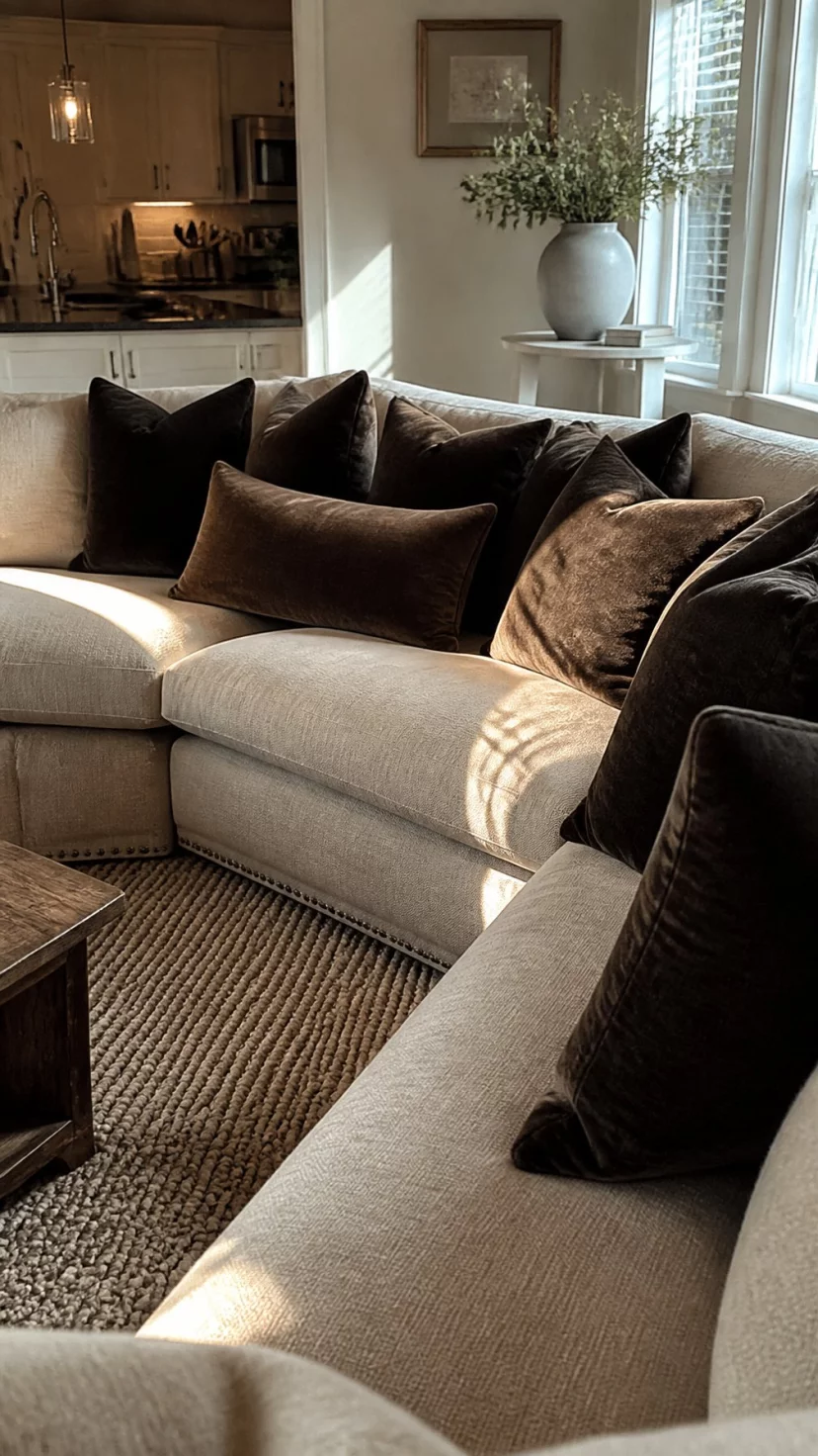 A super-realistic photo of a living room sectional sofa covered in dark chocolate brown velvet pillows, a mix of square and lumbar shapes, the fabric showing light sheen where the sun hits it, a cozy knit rug on the floor below, everyday social media post aesthetic, photorealistic, high-quality mobile photography, shot on an iPhone 14