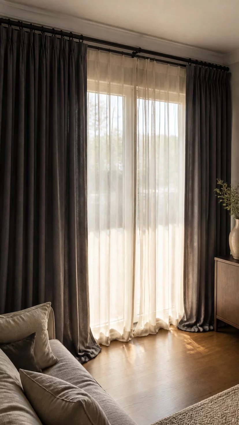 A super-realistic photo of a living room window with double curtain rods, heavy charcoal drapes layered over light cream sheer linen panels, the fabric pooling slightly on the hardwood floor, soft afternoon sun diffusing through the layers, everyday social media post aesthetic, photorealistic, high-quality mobile photography, shot on an iPhone 14