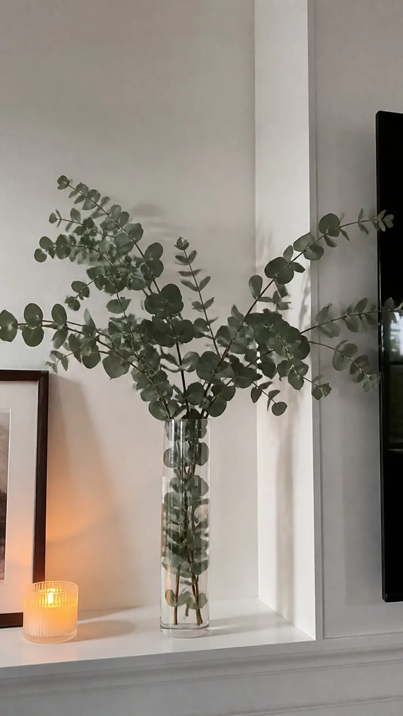 A super-realistic photo of a living room mantle with a tall clear glass vase, silver dollar eucalyptus branches arching out of the top, the leaves showing a dusty green color, a flickering candle nearby, everyday social media post aesthetic, photorealistic, high-quality mobile photography, shot on an iPhone 14