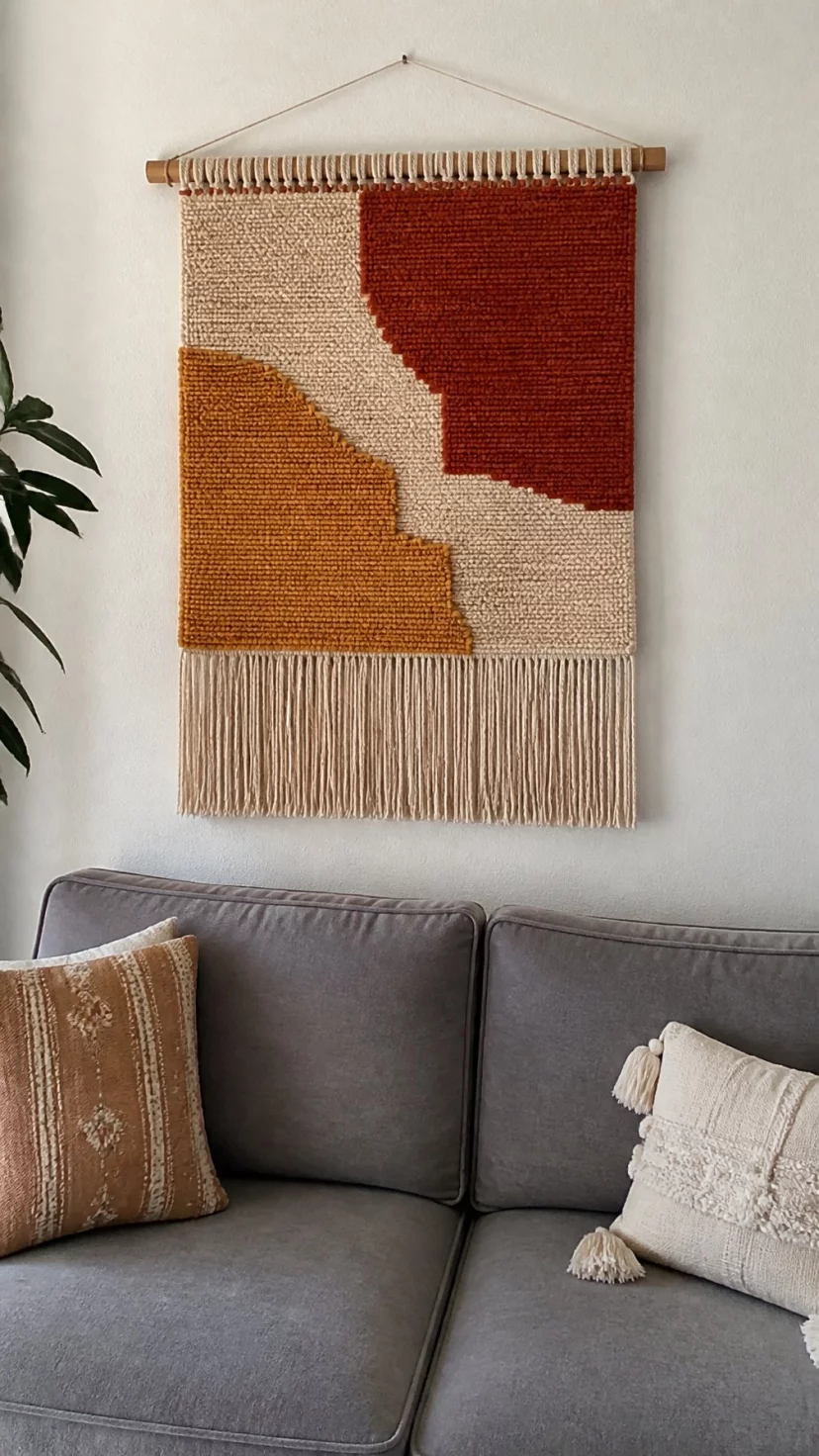 A super-realistic photo of a living room wall with a large textile wall hanging made of wool and cotton, the colors being cream and mustard yellow and rust, the fringe hanging down at the bottom, a grey sofa below, everyday social media post aesthetic, photorealistic, high-quality mobile photography, shot on an iPhone 14