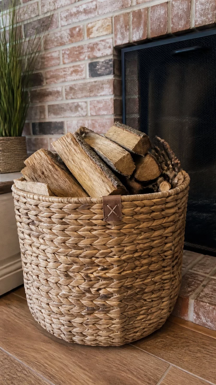A super-realistic photo of a living room fireplace hearth with a large woven seagrass basket, the basket filled with neatly stacked split logs, some kindling Peeking out the side, a brick fireplace in the background, everyday social media post aesthetic, photorealistic, high-quality mobile photography, shot on an iPhone 14