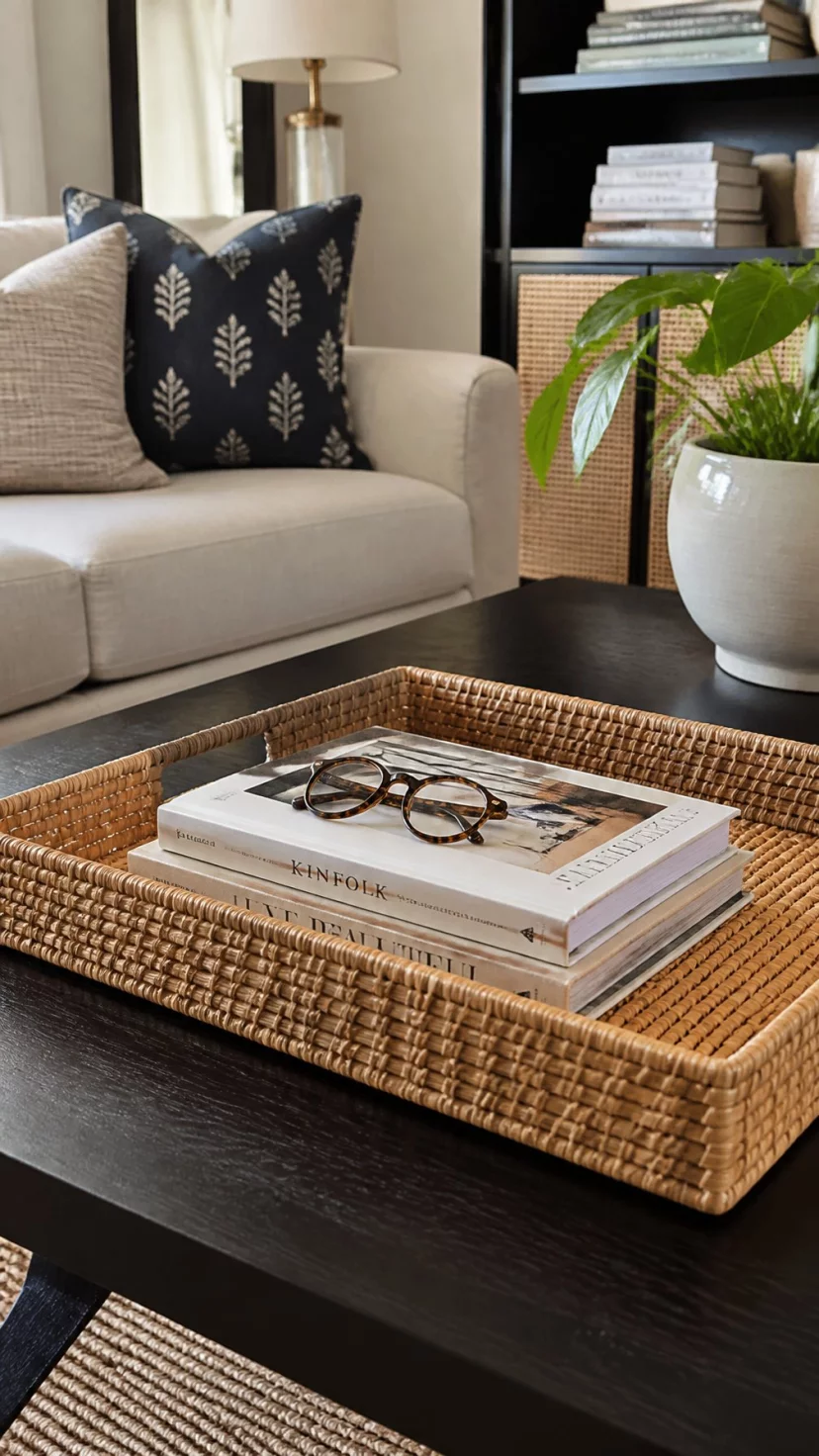 A super-realistic photo of a living room coffee table with a large rectangular rattan tray, the tray holding several design magazines and a pair of reading glasses, the woven texture of the rattan looking natural and golden, everyday social media post aesthetic, photorealistic, high-quality mobile photography, shot on an iPhone 14