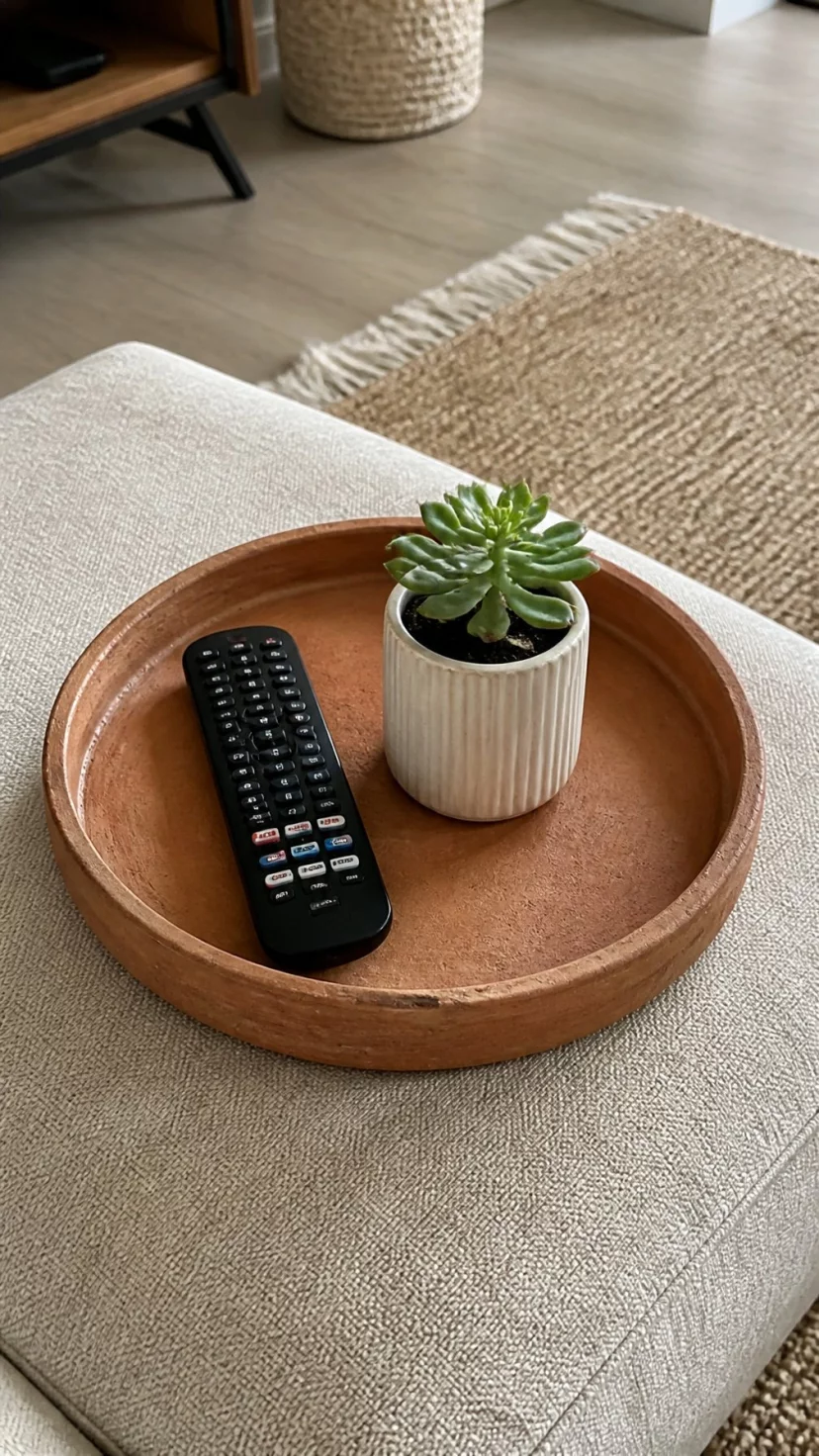 A super-realistic photo of a living room ottoman with a wide circular terracotta clay tray, the tray holding a remote control and a small succulent, the clay showing natural firing marks and texture, a soft woven rug in the blurry background, everyday social media post aesthetic, photorealistic, high-quality mobile photography, shot on an iPhone 14