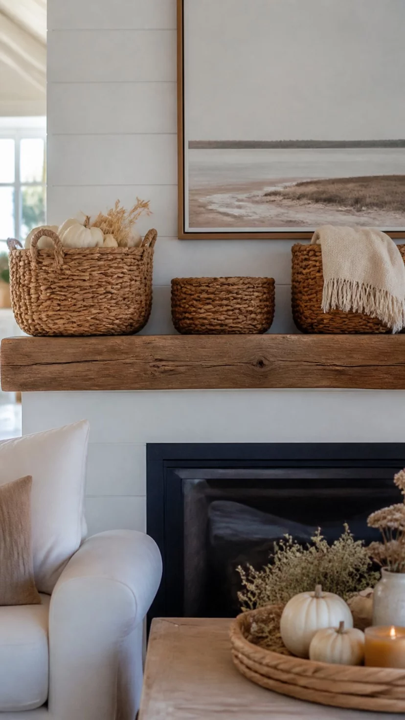 A super-realistic photo of a coastal fall living room where a mantle holds three different sizes of woven seagrass baskets, one basket overflows with white gourds and the other holds a soft throw, neutral tones of tan and ivory, relaxed and airy vibe, everyday social media post aesthetic, photorealistic, high-quality mobile photography, shot on an iPhone 14
