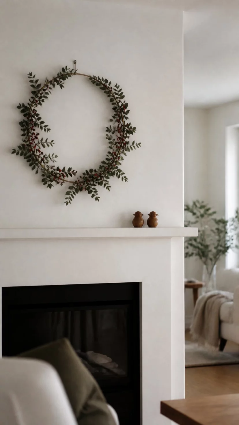 A super-realistic photo of a Scandi-style living room showing a simple hoop wreath made of eucalyptus and red berries hanging above a plain white mantle, two small wooden birds sitting on the ledge, clean and uncluttered space, soft natural light, peaceful and modern, everyday social media post aesthetic, photorealistic, high-quality mobile photography, shot on an iPhone 14