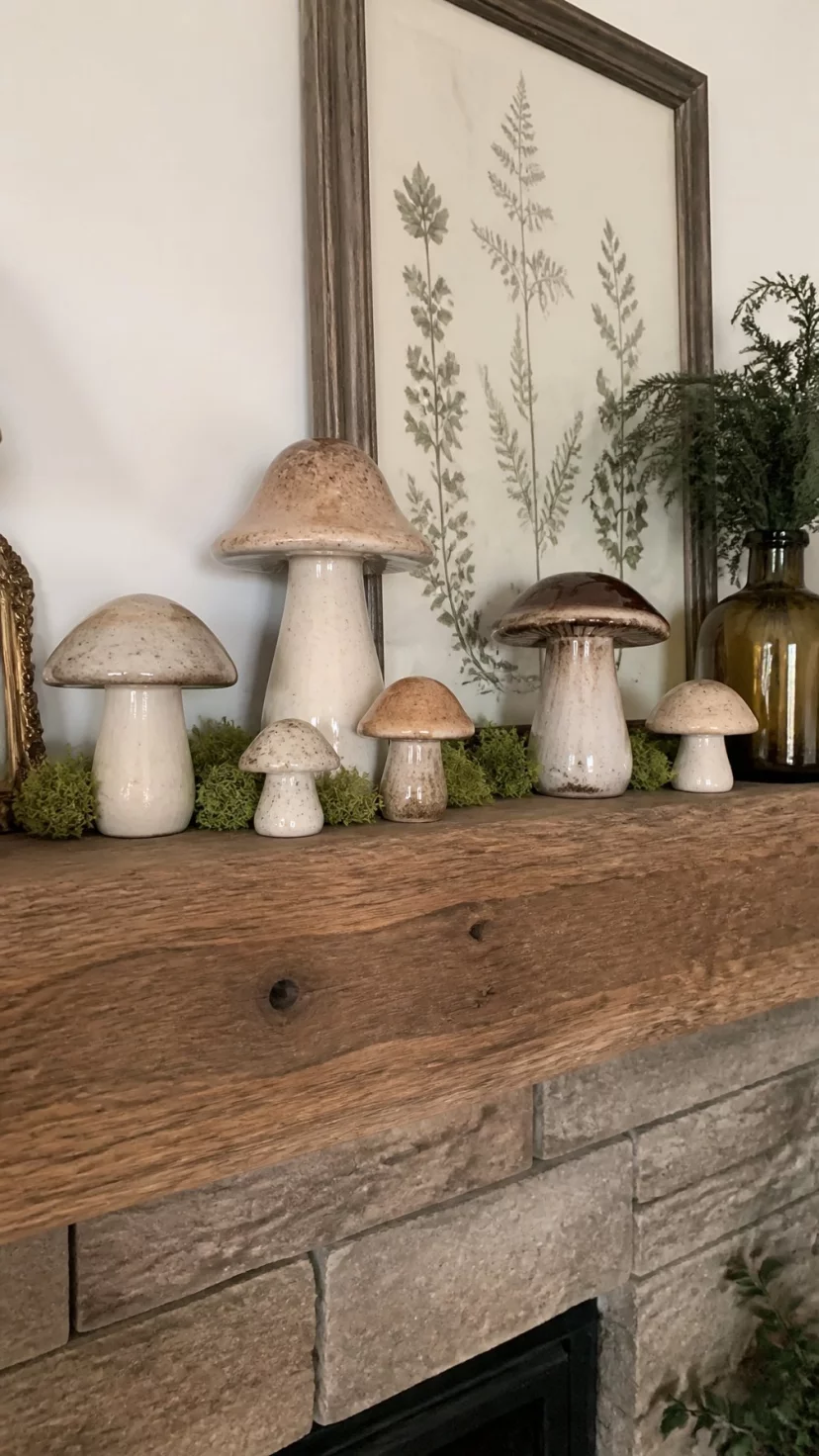 A super-realistic photo of a cottagecore living room with a reclaimed wood mantle displaying various speckled ceramic mushrooms in tan and cream and brown, small patches of preserved green moss tucked between the bases, a vintage botanical print leaning against the wall, whimsical and earthy forest theme, everyday social media post aesthetic, photorealistic, high-quality mobile photography, shot on an iPhone 14
