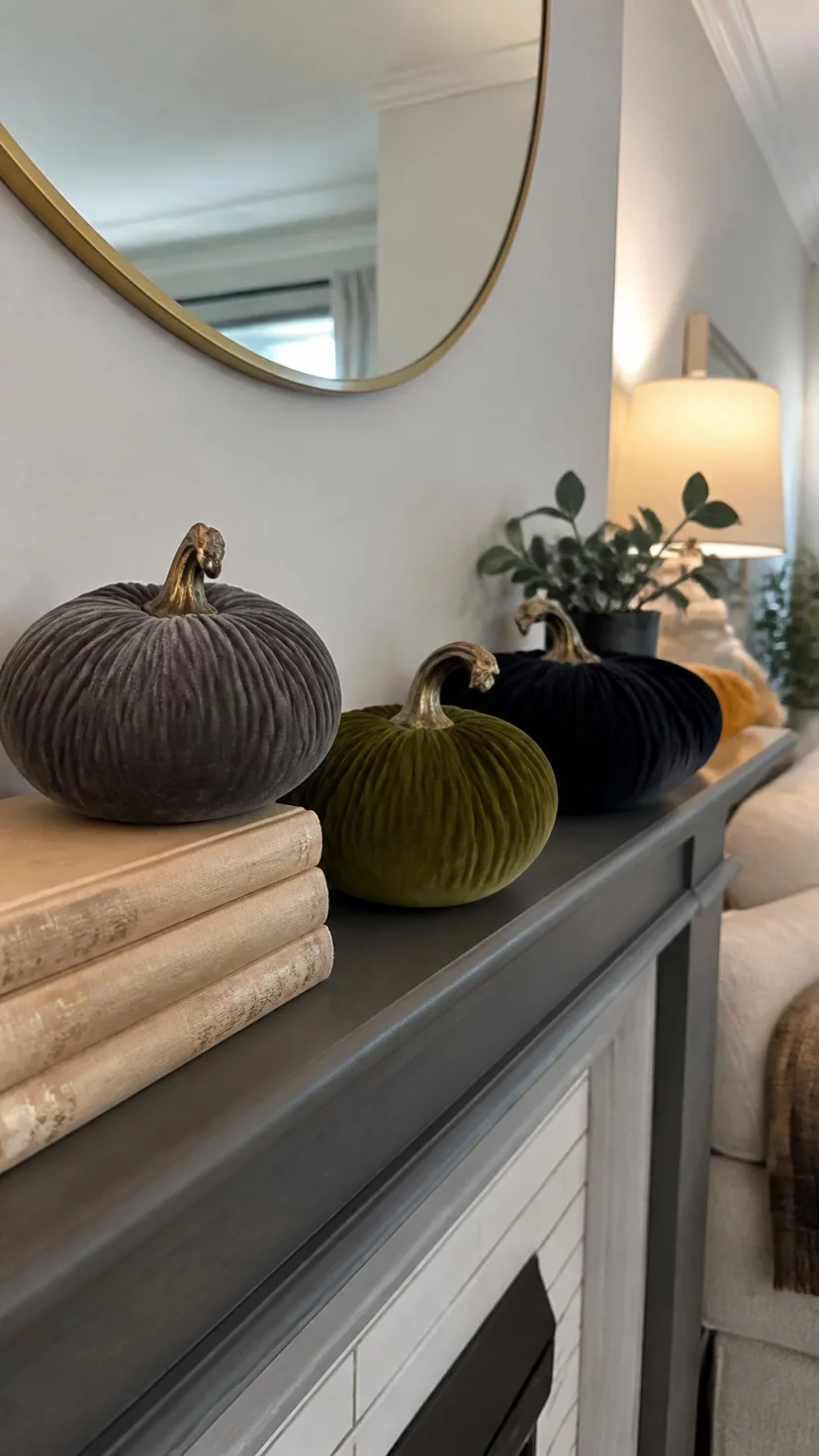 A super-realistic photo of a cozy apartment living room with a grey mantle featuring plush velvet pumpkins in charcoal and olive green and navy blue, the pumpkins have realistic resin stems, a stack of old linen-bound books sits next to them, soft glow from a nearby lamp, tactile and modern decor style, everyday social media post aesthetic, photorealistic, high-quality mobile photography, shot on an iPhone 14