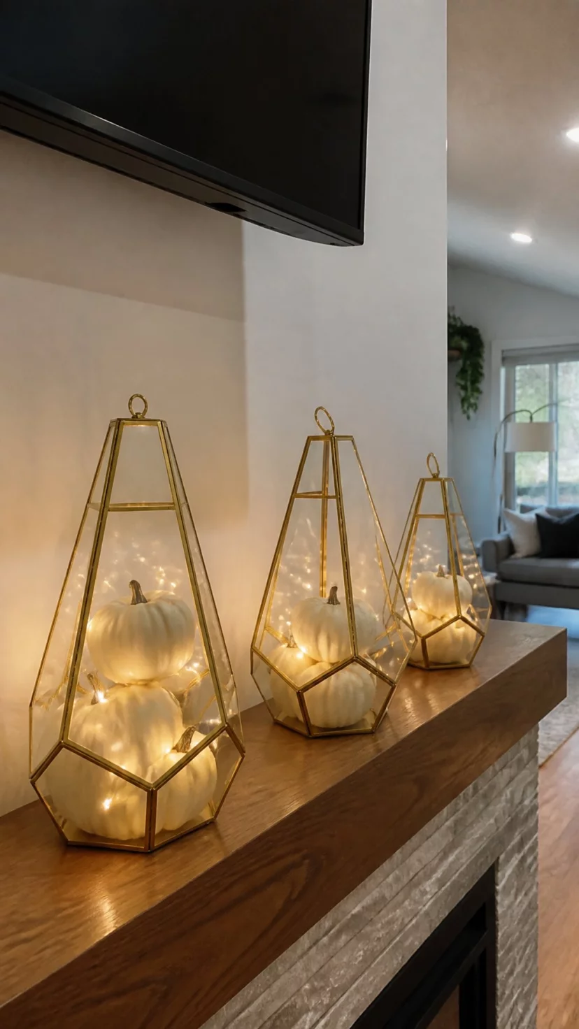 A super-realistic photo of a mid-century modern living room with a mantle featuring three gold-rimmed geometric lanterns, inside are small white pumpkins and fairy lights, sharp angles and warm light, trendy and clean design, everyday social media post aesthetic, photorealistic, high-quality mobile photography, shot on an iPhone 14