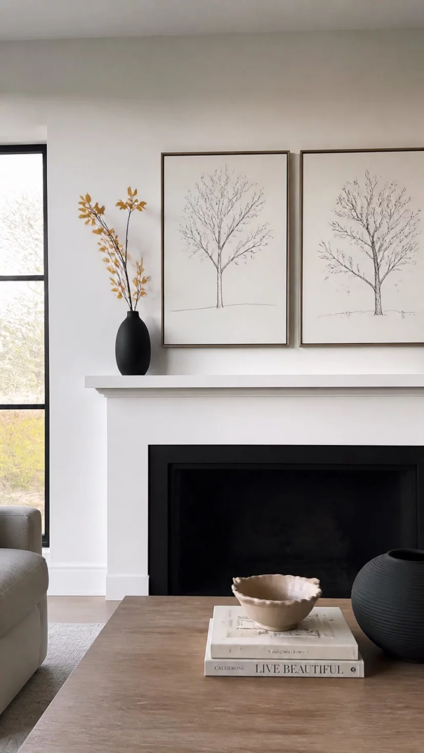A super-realistic photo of a minimalist living room with a mantle featuring two large frames with simple black line art of autumn trees and leaves, a single black vase with one yellow branch, clean and trendy, bright white walls, everyday social media post aesthetic, photorealistic, high-quality mobile photography, shot on an iPhone 14