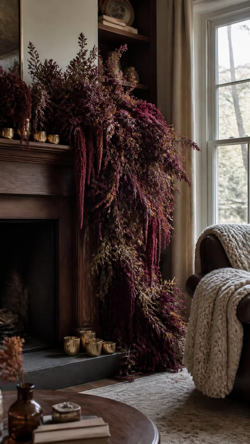 A super-realistic photo of a rustic living room where a dark wood mantle holds a massive overflowing arrangement of dried amaranth in deep burgundy and plum colors trailing down to the hearth, small brass tealight holders scattered between the stems, a soft knit blanket draped over a nearby chair, moody late afternoon lighting through a window, everyday social media post aesthetic, photorealistic, high-quality mobile photography, shot on an iPhone 14