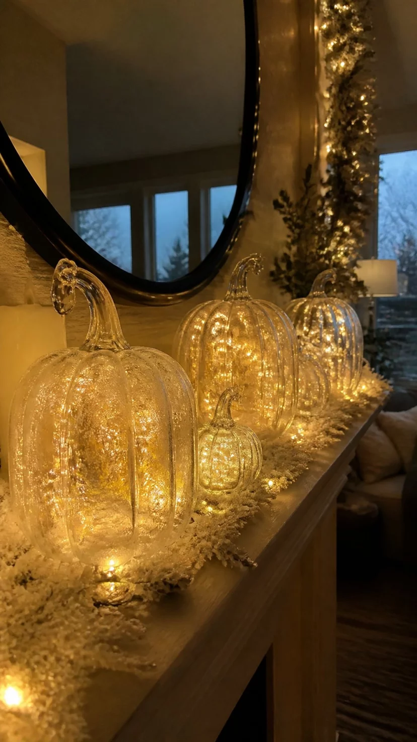 A super-realistic photo of an elegant living room with a mantle holding several frosted glass cloches shaped like pumpkins, battery-operated fairy lights glow inside the glass, a dusting of artificial snow around the base, ethereal and magical atmosphere, evening light, everyday social media post aesthetic, photorealistic, high-quality mobile photography, shot on an iPhone 14
