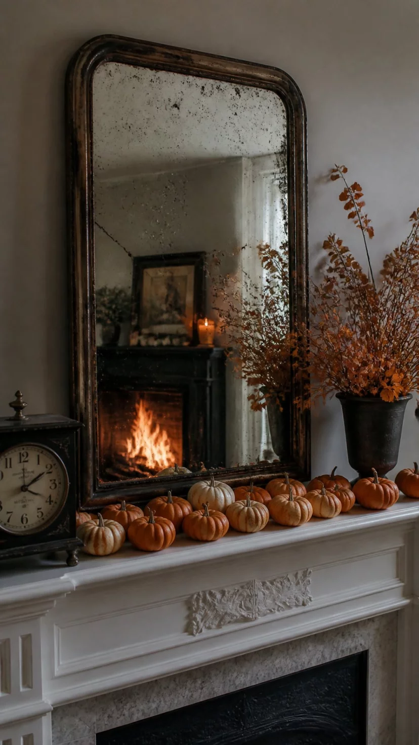 A super-realistic photo of a vintage-style living room with a mantle where a large foxed antique mirror sits behind a rows of small pumpkins, the mirror reflects a warm orange glow from a fire, silver flecks and aged glass textures, an old clock nearby, nostalgic and rich atmosphere, everyday social media post aesthetic, photorealistic, high-quality mobile photography, shot on an iPhone 14