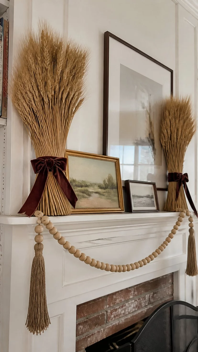 A super-realistic photo of a farmhouse living room with a white wooden mantle decorated by two large bundles of dried golden wheat tied with velvet ribbons at each end, a simple wooden bead garland draped between them, warm and inviting atmosphere, soft focus on the grain textures, everyday social media post aesthetic, photorealistic, high-quality mobile photography, shot on an iPhone 14