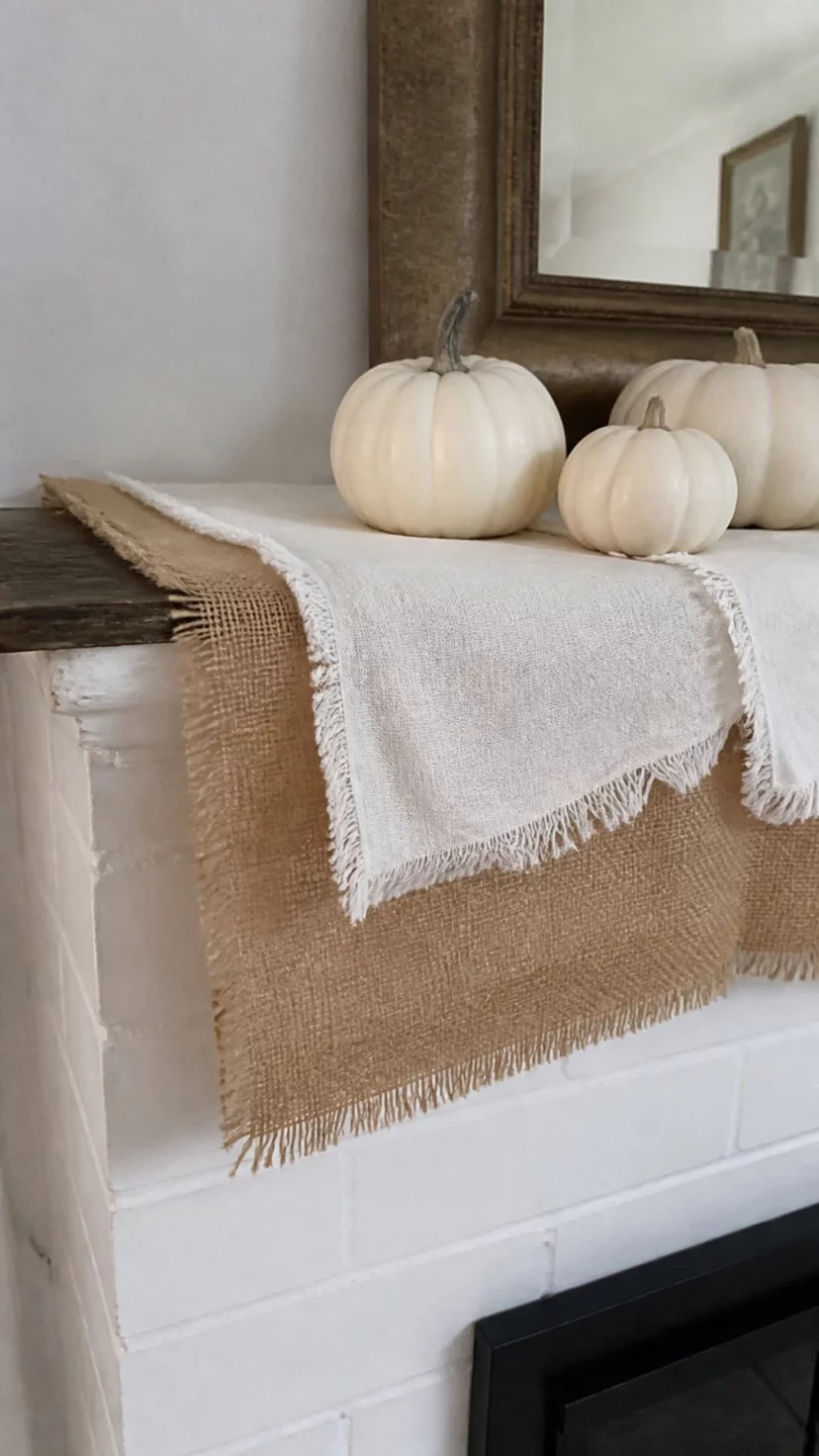 A super-realistic photo of a country living room with a mantle covered by two overlapping fabric runners, one in rough tan burlap and one in soft white linen, frayed edges and natural fibers, a few white pumpkins sitting on top, tactile and rustic, everyday social media post aesthetic, photorealistic, high-quality mobile photography, shot on an iPhone 14