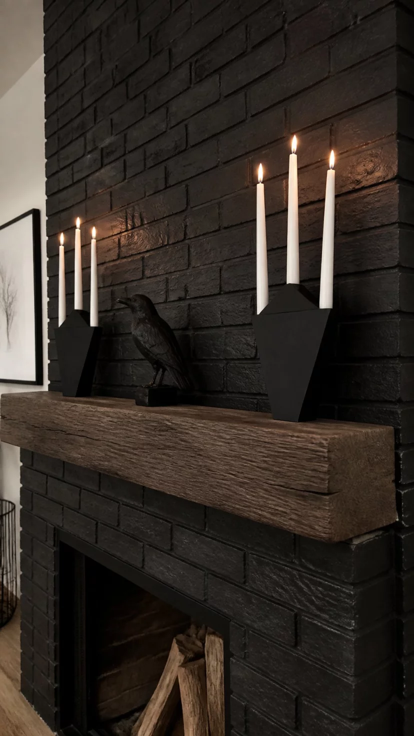 A super-realistic photo of an industrial living room featuring a dark brick mantle with two sharp-angled matte black iron candelabras, bright white candles providing a stark contrast, a single raven figurine made of carved wood, gothic and modern fusion, sharp shadows on the brickwork, everyday social media post aesthetic, photorealistic, high-quality mobile photography, shot on an iPhone 14