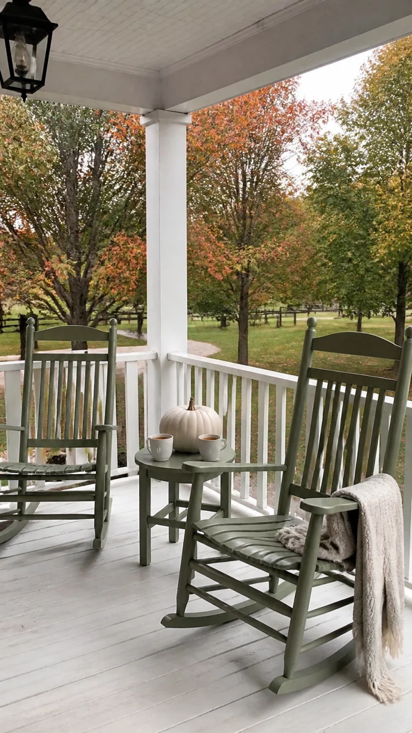 A super-realistic photo of two rocking chairs painted in a muted sage green sitting on a white porch, a small side table between them holds a white pumpkin and two mugs of cider, the green color blends perfectly with the autumn trees in the background, serene and cozy setting, everyday social media post aesthetic, photorealistic, high-quality mobile photography, shot on an iPhone 14