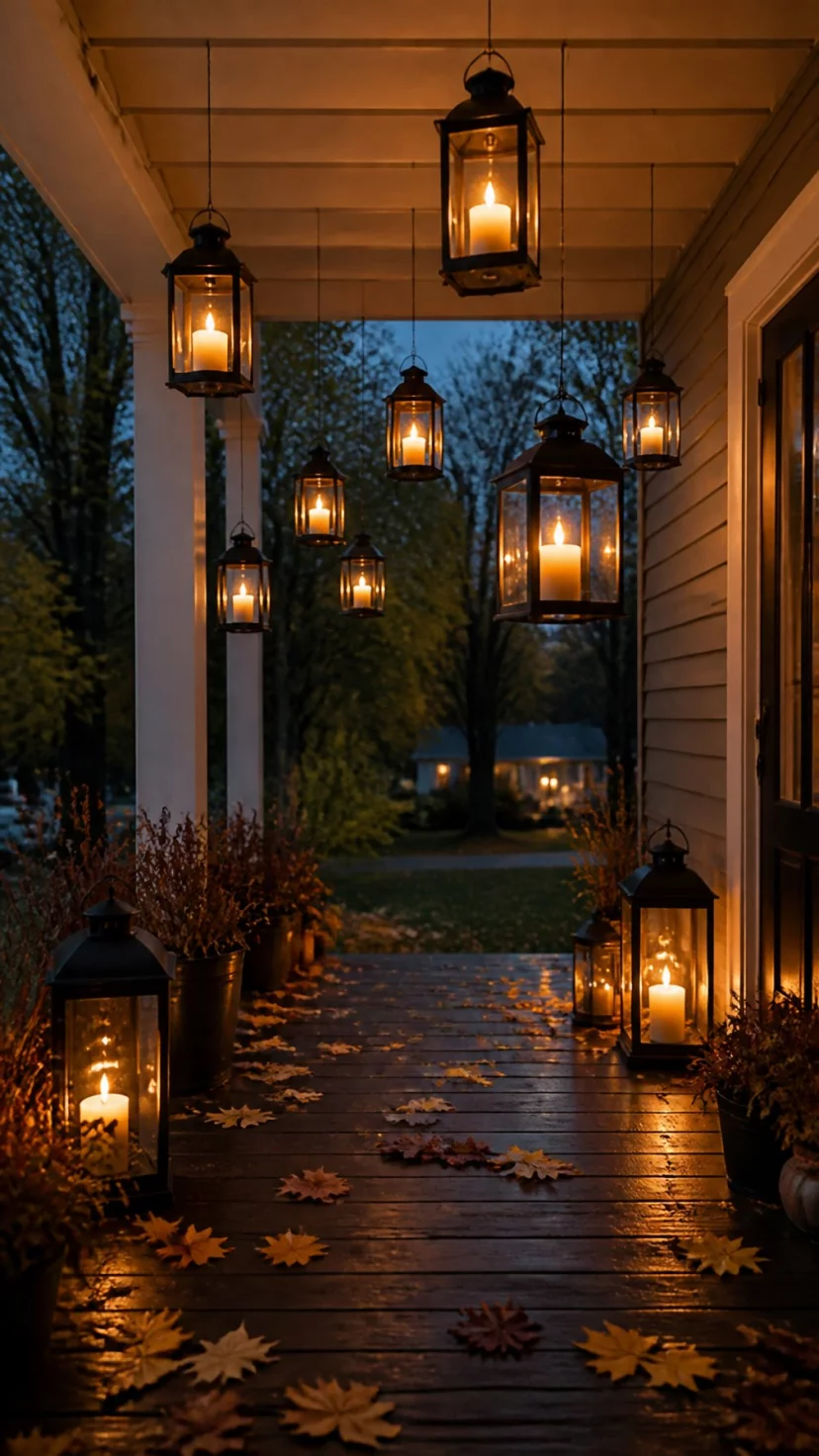 A super-realistic photo of a covered porch ceiling with clear fishing line hanging several black metal lanterns at varying heights, warm LED candles glow inside the glass panes, autumn leaves scatter across the dark wood floor below, a magical evening atmosphere fills the space, sharp focus on the flickering light against the dusk background, everyday social media post aesthetic, photorealistic, high-quality mobile photography, shot on an iPhone 14