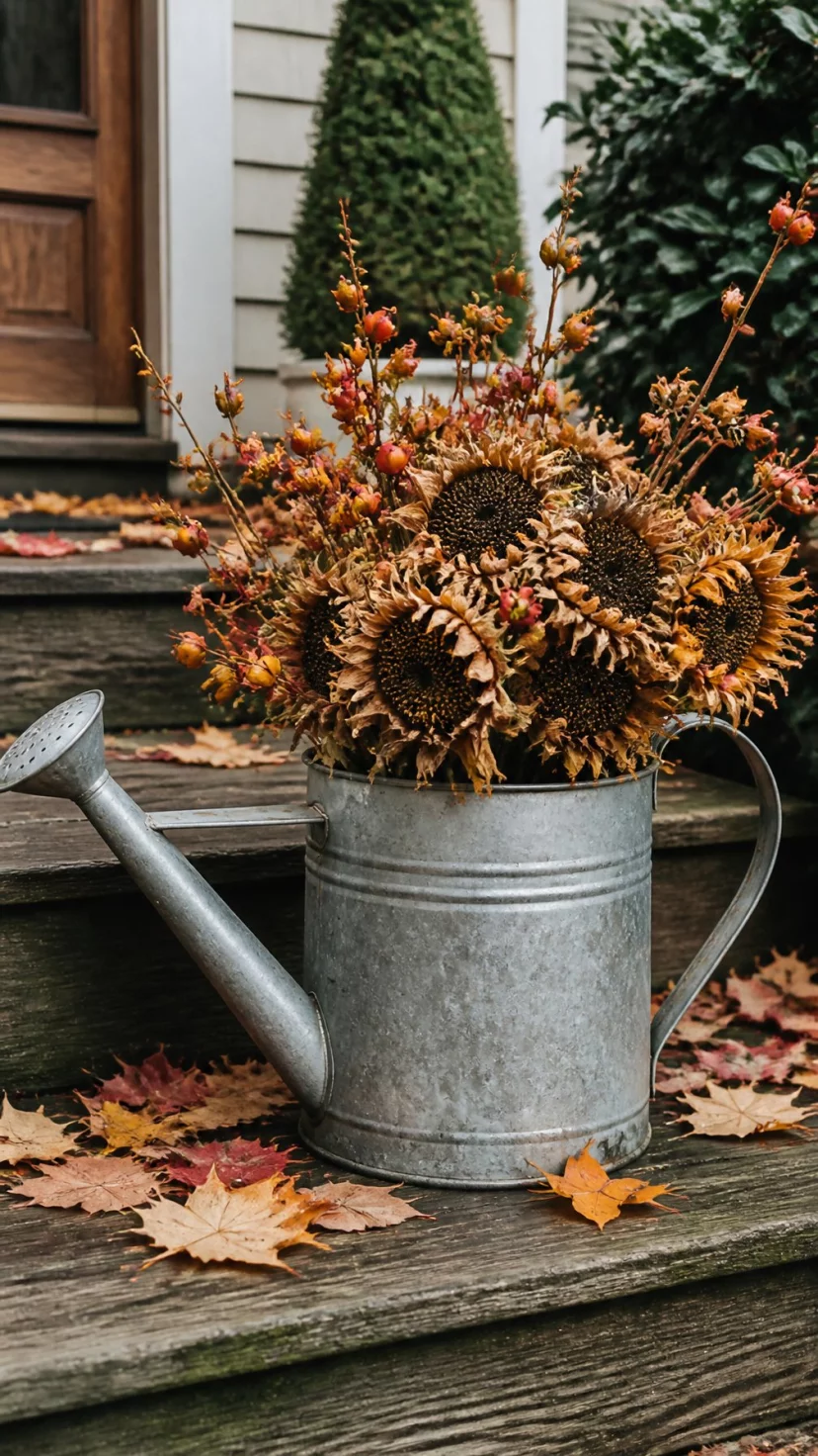 A super-realistic photo of an old galvanized silver watering can sitting on a wooden porch step, a large bouquet of dried sunflowers and orange berries sticks out of the top, the metal has a dull vintage sheen, fallen maple leaves surround the base, rustic and charming garden scene, everyday social media post aesthetic, photorealistic, high-quality mobile photography, shot on an iPhone 14