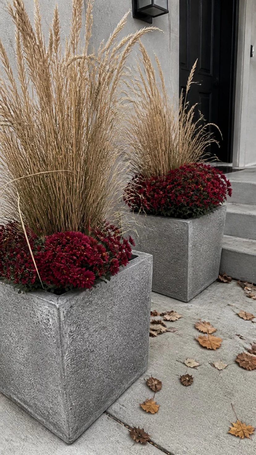 A super-realistic photo of two heavy square concrete planters sitting on a modern porch, the planters contain tall dried grasses and deep red mums, the gray stone texture is rough and cool, fallen leaves rest around the base, minimalist industrial design, everyday social media post aesthetic, photorealistic, high-quality mobile photography, shot on an iPhone 14