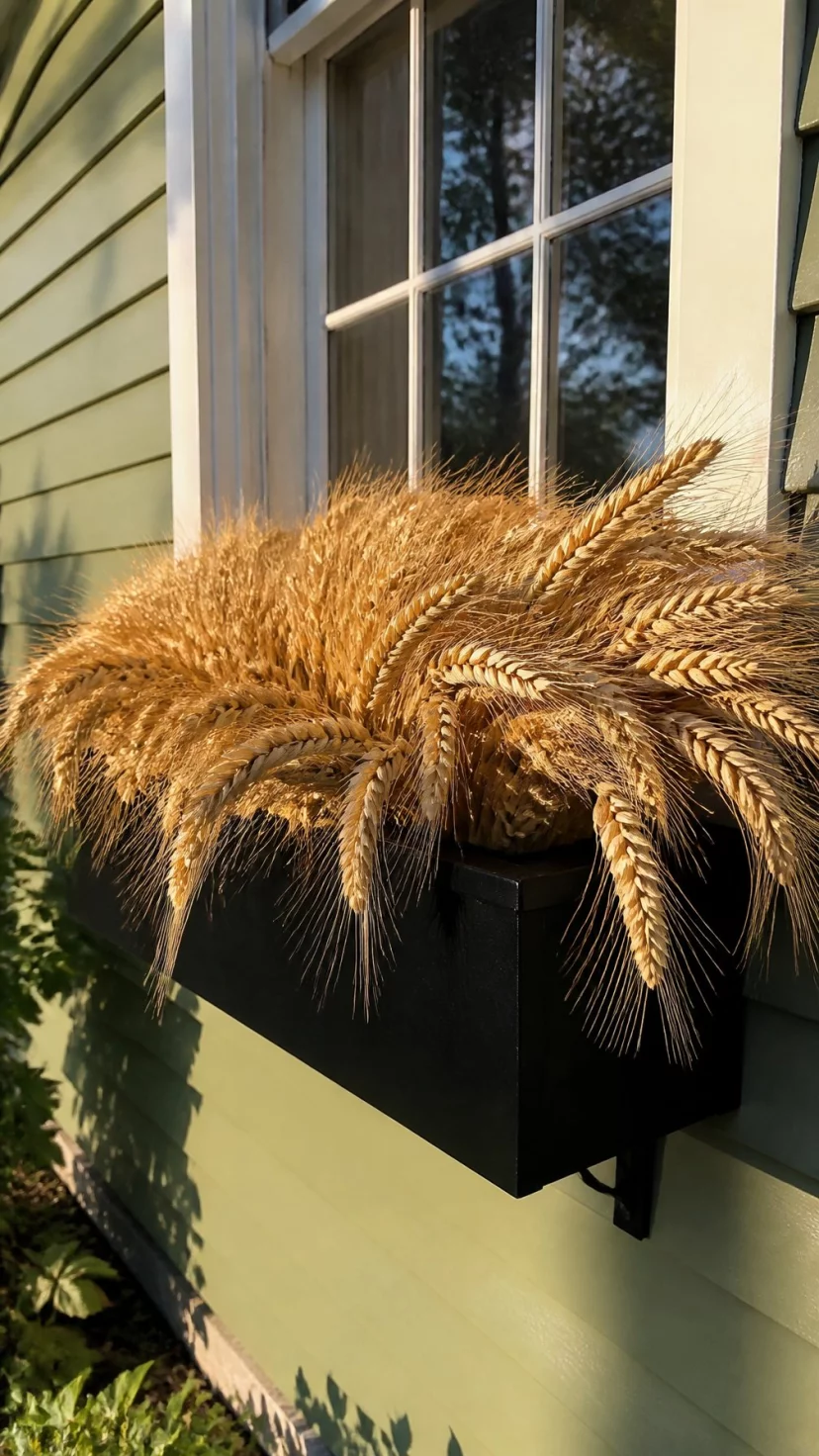 A super-realistic photo of a black window box under a paned window filled entirely with bundles of golden dried wheat, the wheat heads spill over the edges in a soft wave, the house siding is a light sage green, the golden hour sun makes the wheat glow, everyday social media post aesthetic, photorealistic, high-quality mobile photography, shot on an iPhone 14