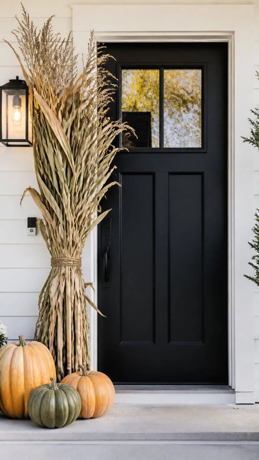 A super-realistic photo of a tall black front door flanked by a single large bundle of dried cornstalks tied with twine on only one side, several large heirloom pumpkins sit at the base of the stalks, the siding of the house is creamy white, contemporary minimalist autumn styling, everyday social media post aesthetic, photorealistic, high-quality mobile photography, shot on an iPhone 14
