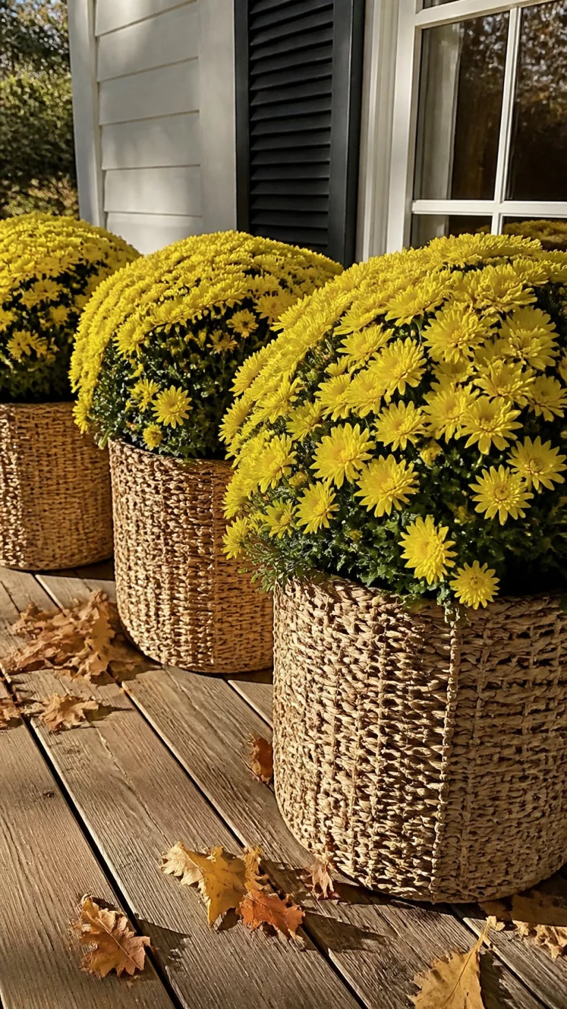 A super-realistic photo of three large woven seagrass baskets used as planters for giant yellow chrysanthemums, the baskets sit on a wooden deck, the texture of the weaving is intricate and natural, a few fallen oak leaves are caught in the fibers, bright morning sun, everyday social media post aesthetic, photorealistic, high-quality mobile photography, shot on an iPhone 14