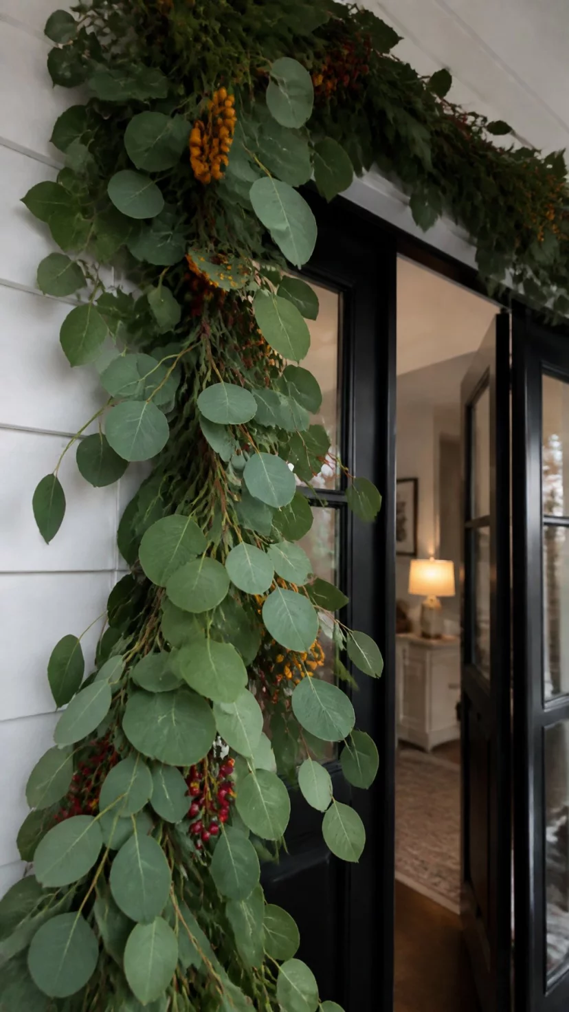 A super-realistic photo of a thick green eucalyptus garland draped over a black front door frame, small clusters of orange and red berries are woven into the leaves, the texture is lush and full, the background shows a hint of a cozy interior, everyday social media post aesthetic, photorealistic, high-quality mobile photography, shot on an iPhone 14
