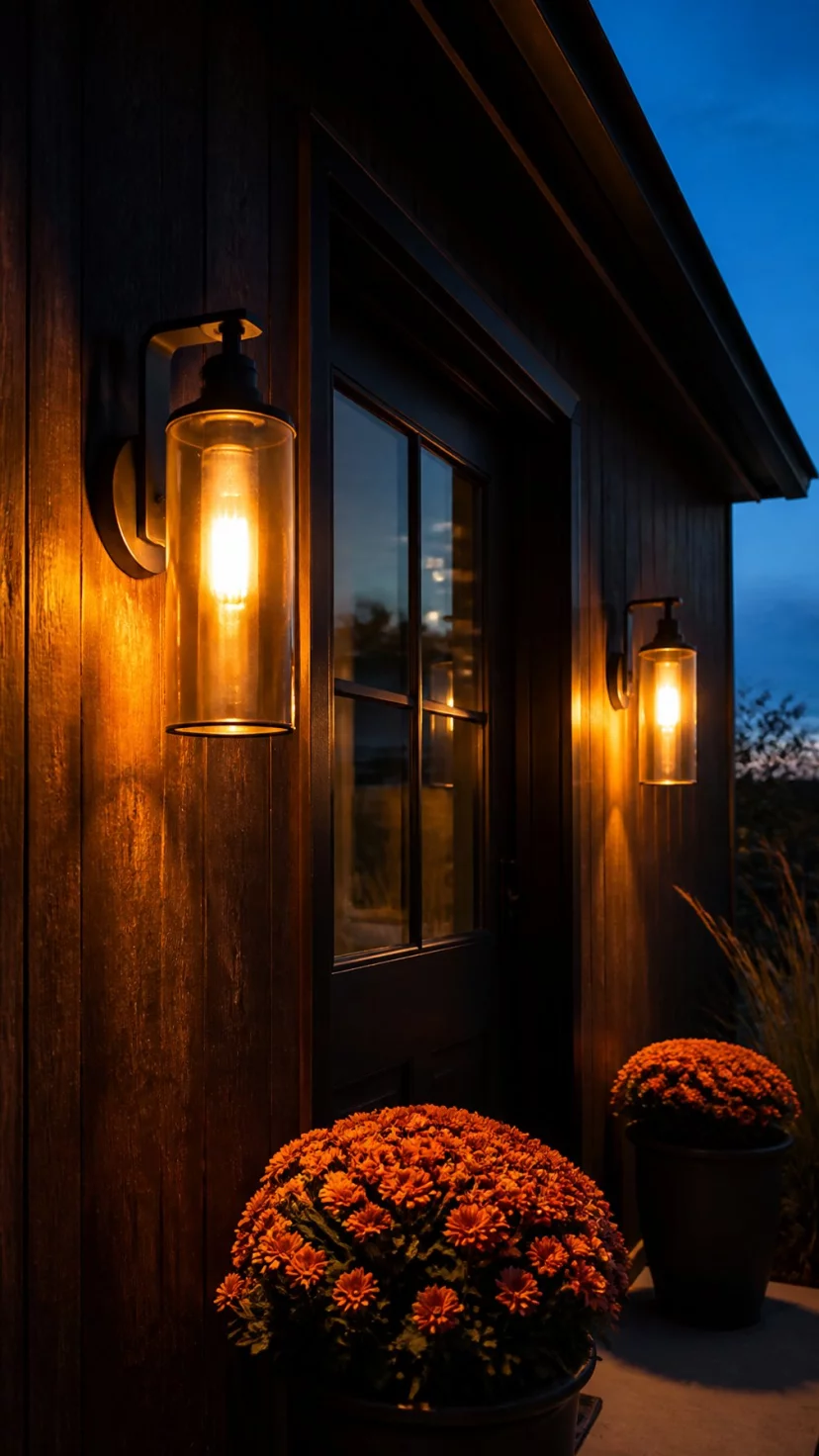 A super-realistic photo of two modern wall sconces on either side of a front door featuring amber tinted glass shades, the light inside is warm and golden, the house exterior is dark wood, the evening sky is deep blue, the warm light illuminates orange mums nearby, everyday social media post aesthetic, photorealistic, high-quality mobile photography, shot on an iPhone 14