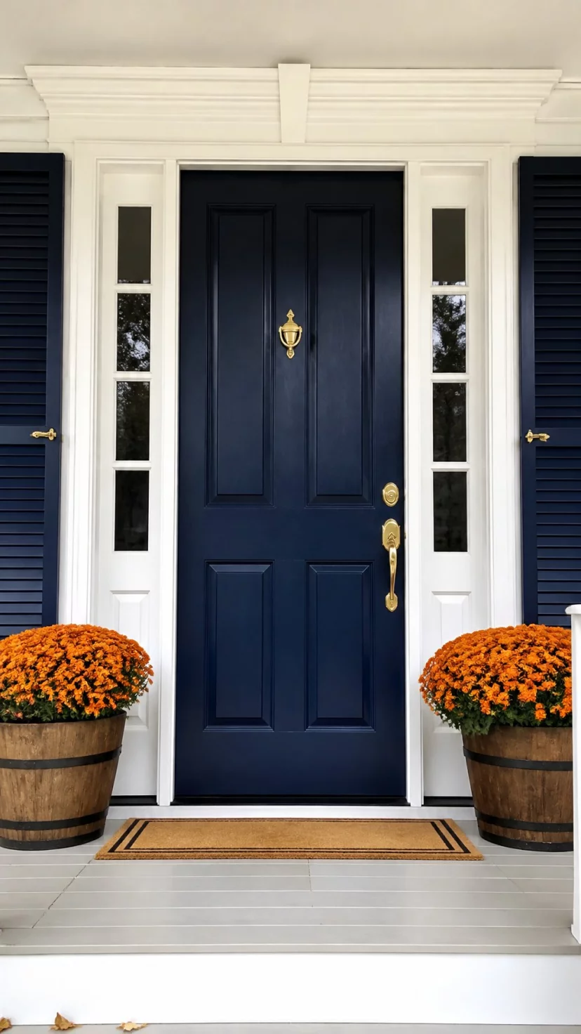 A super-realistic photo of a front porch with a freshly painted navy blue front door and matching navy shutters, gold hardware sparkles on the door, bright white trim provides contrast, orange mums in wooden barrels sit on the porch, crisp and clean architectural details, everyday social media post aesthetic, photorealistic, high-quality mobile photography, shot on an iPhone 14