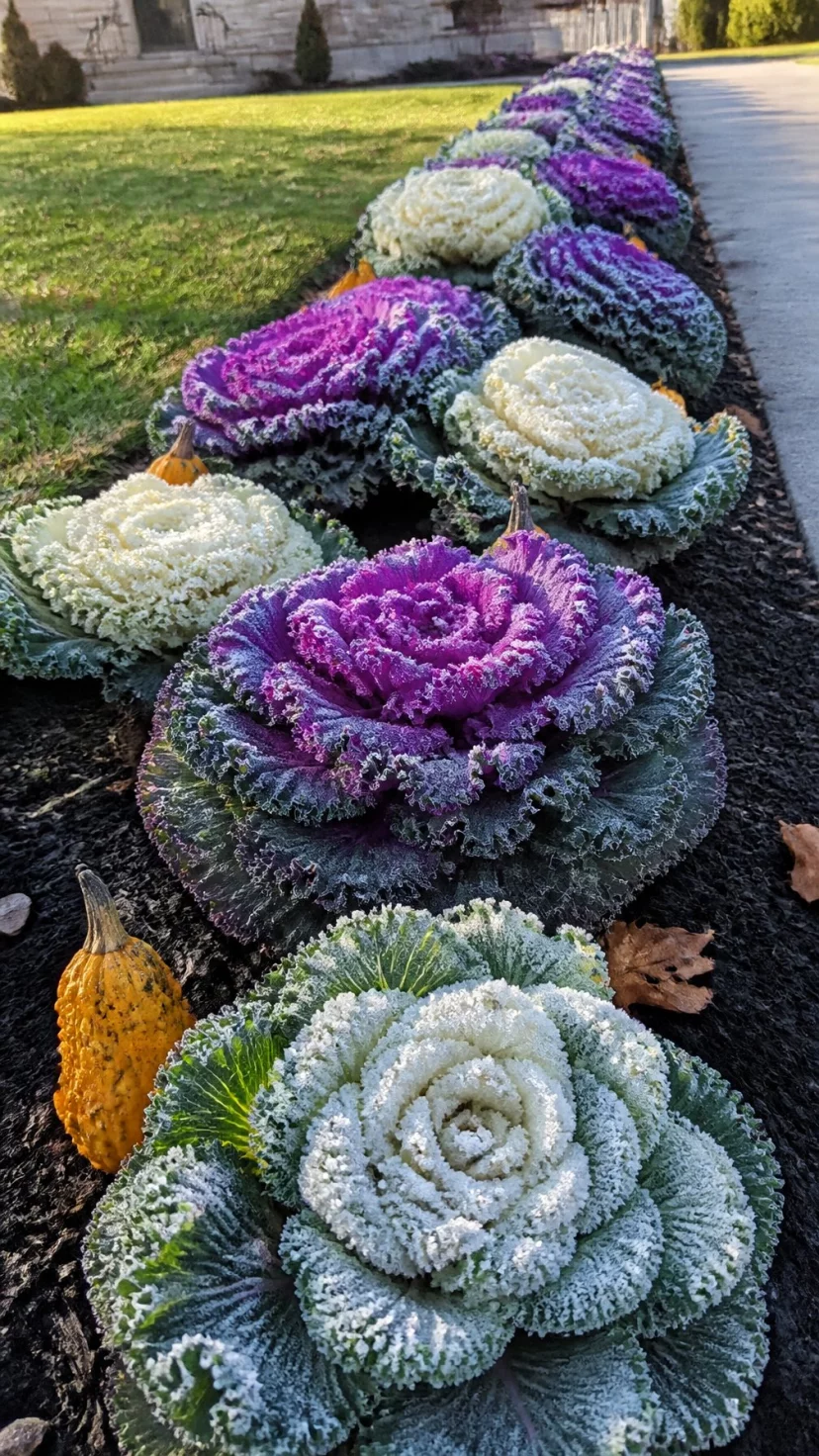 A super-realistic photo of a garden bed lining a walkway filled with ornamental purple kale and white cabbage plants, the leafy textures are frost kissed and vibrant, dark mulch surrounds the plants, small orange gourds tuck into the foliage, bright daylight illuminates the ruffles of the leaves, everyday social media post aesthetic, photorealistic, high-quality mobile photography, shot on an iPhone 14