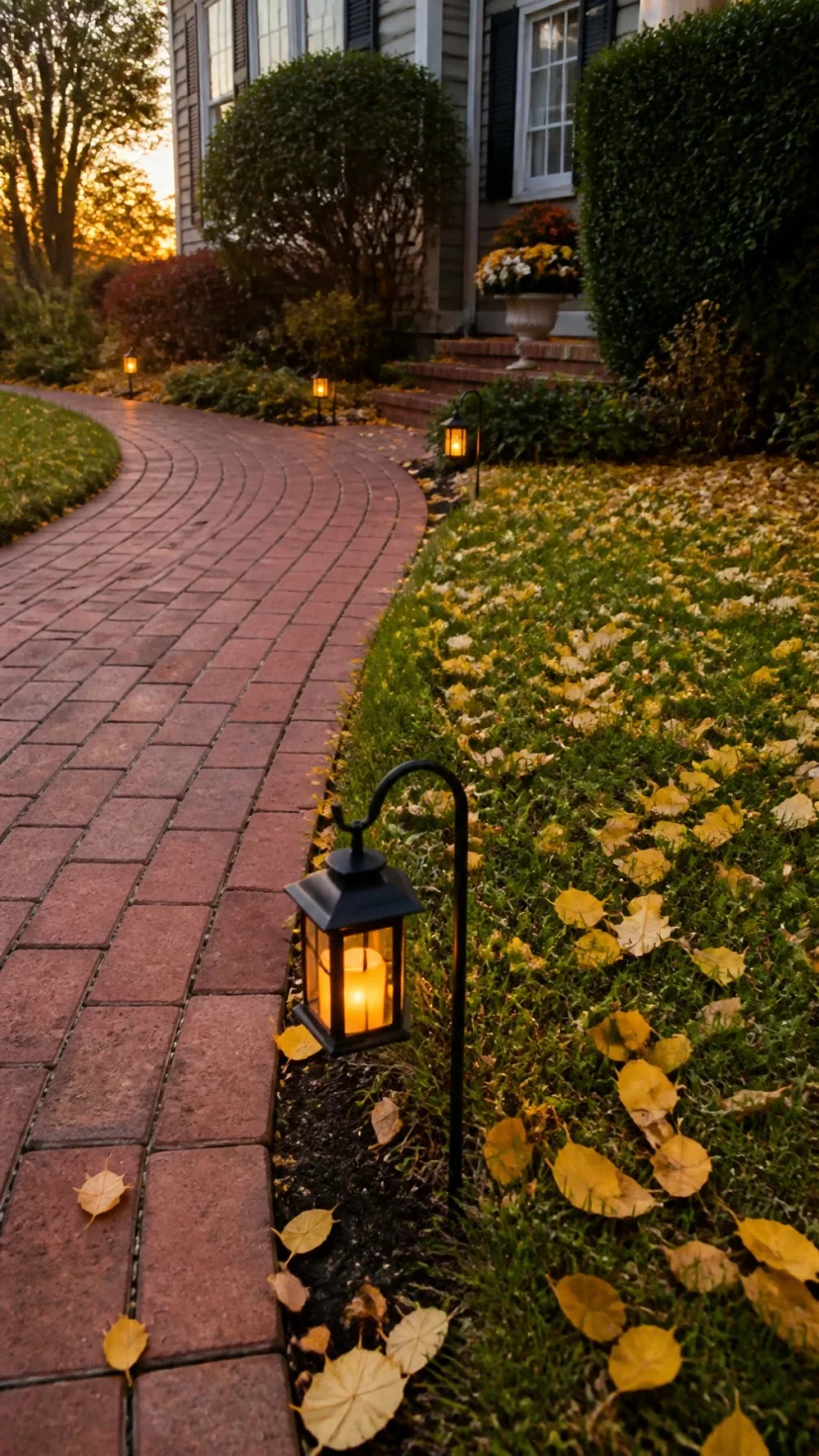 A super-realistic photo of a curved brick walkway lined with small black iron lanterns pushed into the soil, the lanterns have glass sides and small LED candles glowing as the sun sets, yellow leaves cover the lawn next to the path, the scene is peaceful and well lit, everyday social media post aesthetic, photorealistic, high-quality mobile photography, shot on an iPhone 14