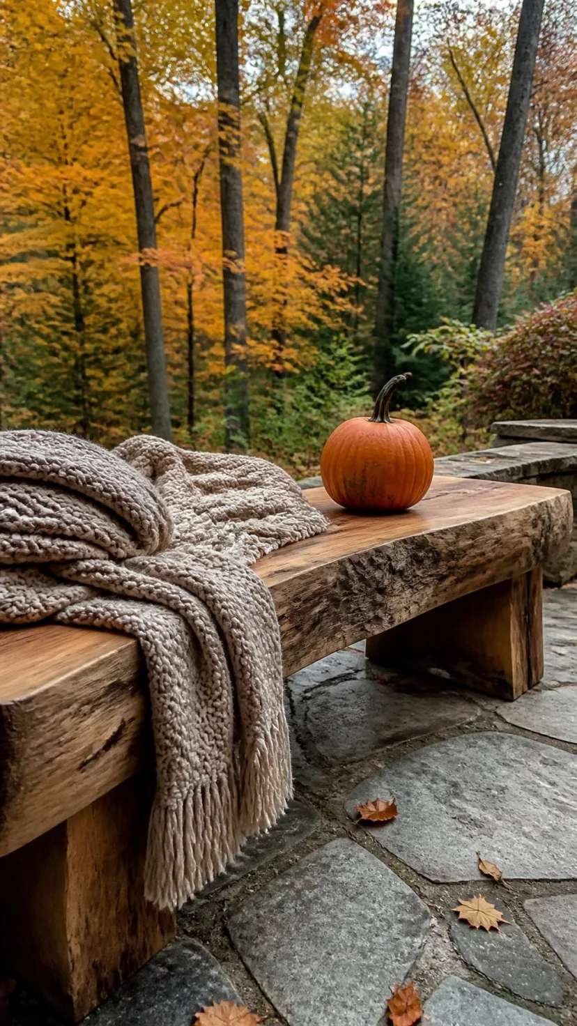 A super-realistic photo of a rustic bench made from a single thick slab of oak with live edges, it sits on a stone patio surrounded by orange and yellow forest trees, a thick knit blanket and a single pumpkin rest on the bench, natural textures and earthy tones, everyday social media post aesthetic, photorealistic, high-quality mobile photography, shot on an iPhone 14