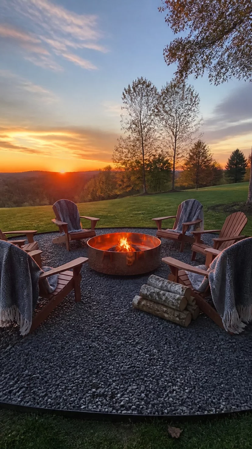 A super-realistic photo of a circular gravel patio featuring a shiny copper fire pit at the center, four wooden Adirondack chairs surround the pit with thick wool blankets draped over the backs, a small pile of birch logs sits nearby, the orange glow of the metal reflects the sunset, everyday social media post aesthetic, photorealistic, high-quality mobile photography, shot on an iPhone 14