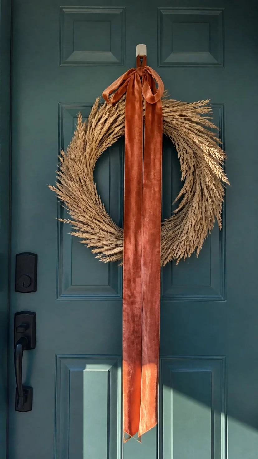A super-realistic photo of a minimalist dried wheat wreath hanging on a teal front door, a long wide terracotta colored velvet ribbon ties in a loose bow at the top and drapes down past the bottom of the wreath, the fabric texture looks soft and heavy, morning light hits the door, everyday social media post aesthetic, photorealistic, high-quality mobile photography, shot on an iPhone 14