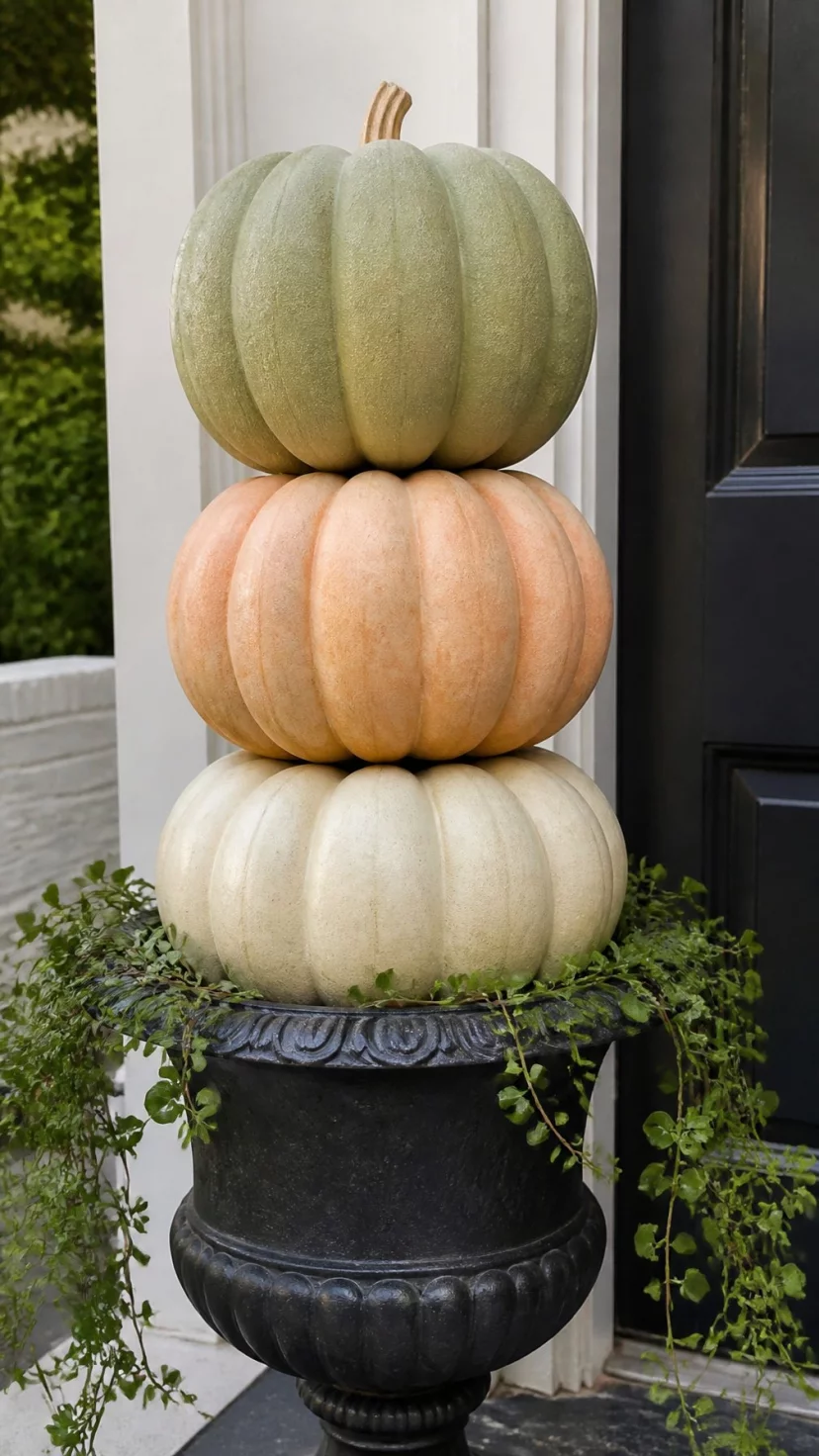 A super-realistic photo of three heirloom pumpkins in shades of sage green, peach, and white stacked perfectly on top of each other in a tall vertical column, the pillar sits inside a dark metal urn, a few vines drape down the sides, clean and elegant autumn decor, everyday social media post aesthetic, photorealistic, high-quality mobile photography, shot on an iPhone 14