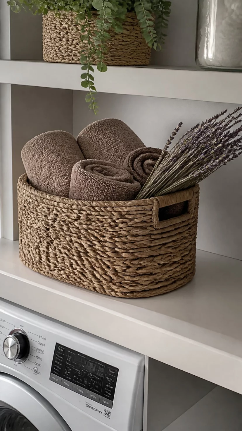 A super-realistic photo of a laundry room shelf with a woven seagrass basket filled with rolled brown towels and a sprig of dried lavender, everyday social media post aesthetic, photorealistic, high-quality mobile photography, shot on an iPhone 14