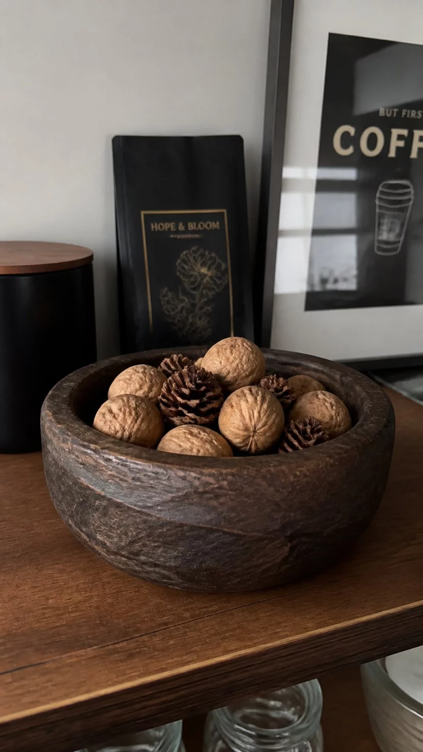 A super-realistic photo of a coffee bar shelf holding a hand-carved dark wood bowl filled with unshelled walnuts and a few small pinecones, everyday social media post aesthetic, photorealistic, high-quality mobile photography, shot on an iPhone 14